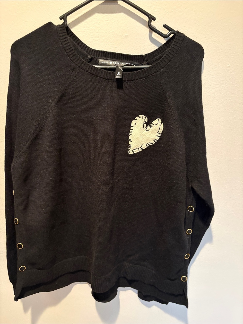 Aqua Kerri Rosenthal Black Crewneck Sweater with White Heart Patch NWT